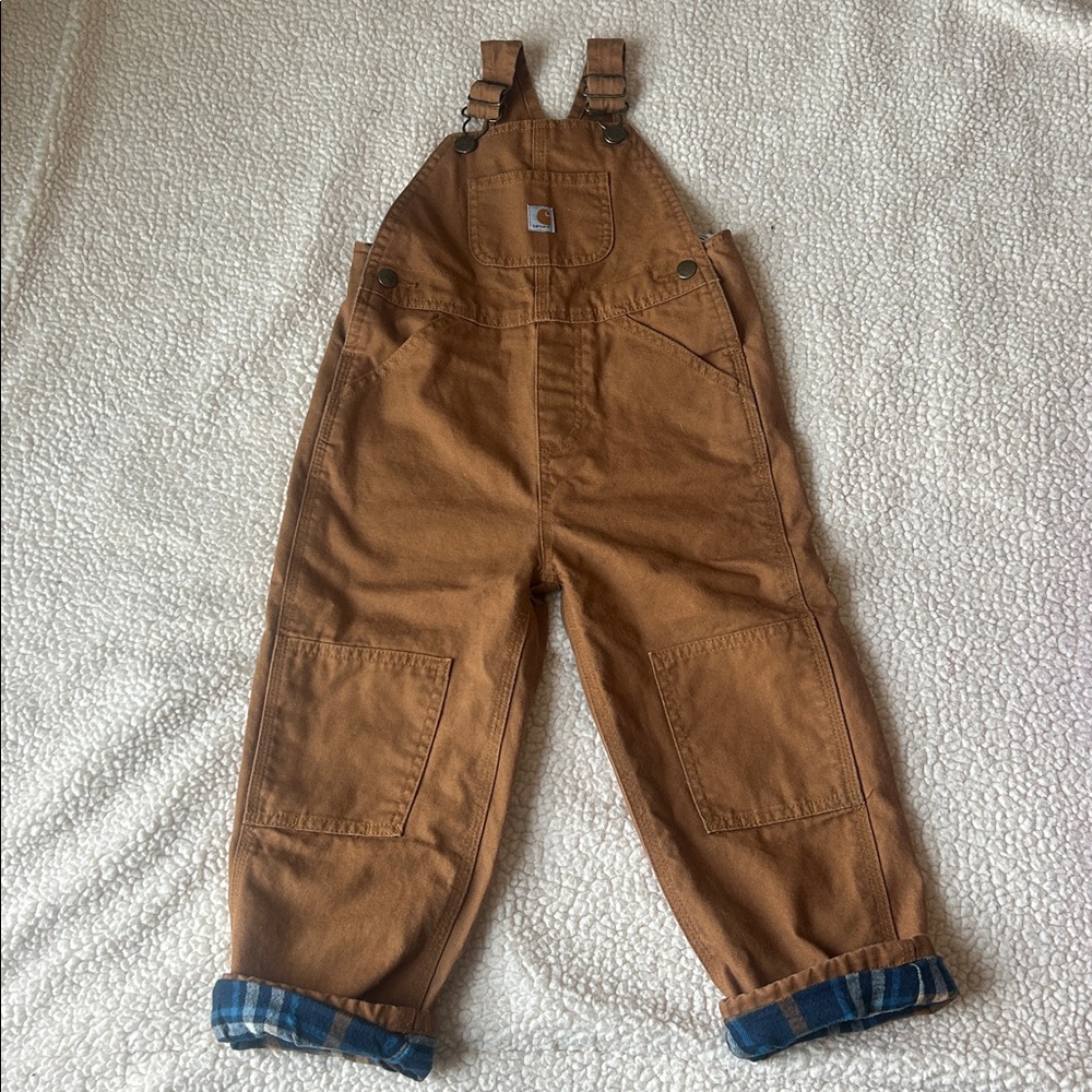 Carhartt Tan Kids Flannel Lined Overalls with Blue Accents